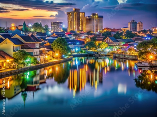 Sumatra's city lights brilliantly reflect on water, painting a stunning night view that showcases Indonesia's vibrant urban landscape in a dazzling display of colors.