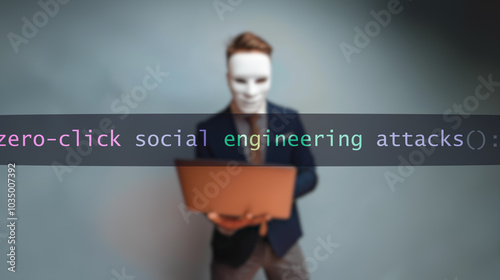 Cybersecurity concept zero-click social engineering on foreground screen, hacker silhouette hidden with low poly mask. Vulnerability and attack on colored code editor. photo