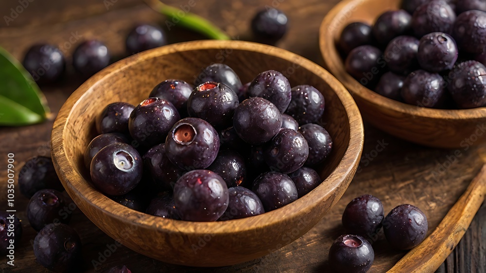A close-up of nutrient-rich Brazilian açaí berries in a rustic wooden bowl, showcasing their deep purple hue and superfood status. A close-up of nutrient-rich Brazilian açaí berries in a rustic wooden bowl, showcasing their deep purple hue and superfood status.