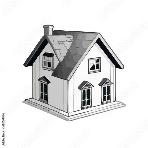 3D illustrated house with windows and chimney in black and white on a white background and copy space