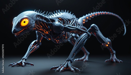 A fantastical creature with multiple limbs and a sleek, smooth surface, crouching as if ready to pounce, glowing faintly in the blackness, Generative AI photo