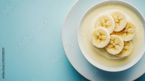 Sliced banana in bowl with vanilla custard on white plate against light blue background