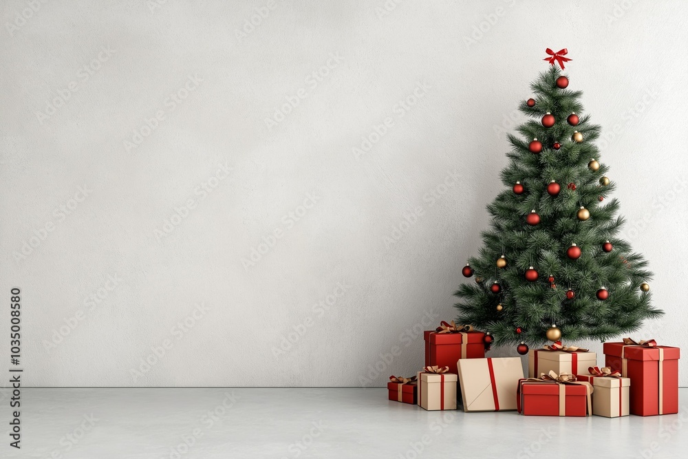 Decorated Christmas tree on wall background with copy space. Form for a congratulation card. New Year, Christmas Decorated Christmas tree on wall background with copy space. Form for a congratulation card. New Year, Christmas