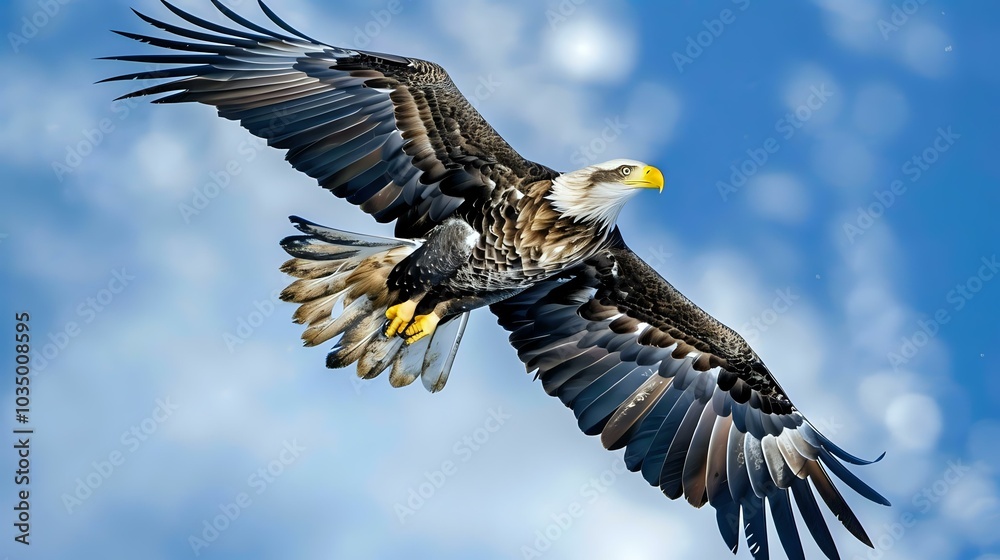 Obraz premium A majestic eagle soaring through a bright blue sky with outstretched wings.