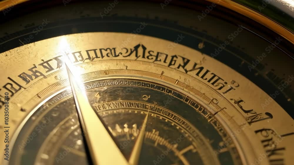 Close-up of an ancient sundial with mysterious inscription and golden details Close-up of an ancient sundial with mysterious inscription and golden details