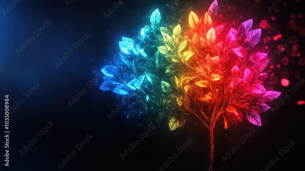 Obraz premium Vibrant tree with multicolored leaves against dark background, glowing in various hues