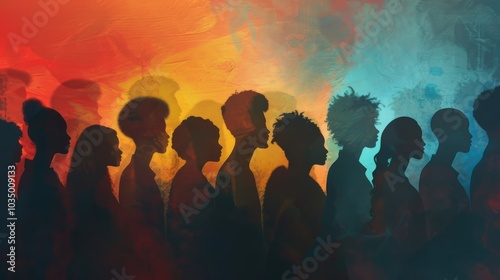 Colorful Silhouettes of Diverse People Against a Vibrant Abstract Background in a Creative Art Composition