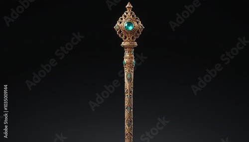 An ornate, ceremonial staff with intricate engravings along its length, topped with a glowing gem, hovering softly against the black backdrop, Generative AI