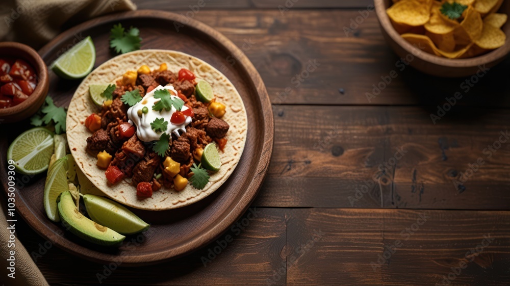 A delicious taco with pulled pork, corn, salsa, sour cream, cilantro, and avocado slices on a wooden plate with tortilla chips and lime wedges. A delicious taco with pulled pork, corn, salsa, sour cream, cilantro, and avocado slices on a wooden plate with tortilla chips and lime wedges.