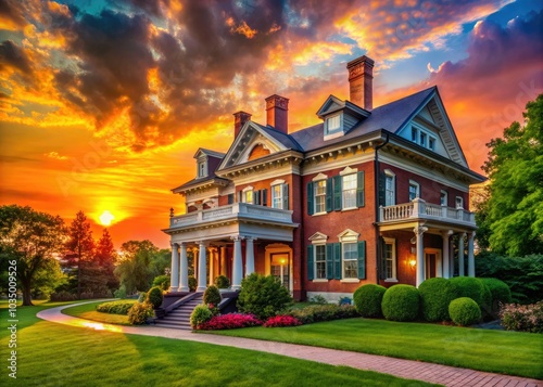 Sunset illuminates Glenview Historic Mansion, nestled in formal gardens within Civic Center Park, Rockville, Maryland, offering a beautiful blend of history and natural beauty. photo