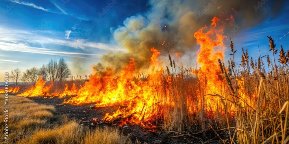 Sunshine gleams on an open field as flames devour dry grass, smoke spiraling up into the crisp autumn air, altering the picturesque landscape. Sunshine gleams on an open field as flames devour dry grass, smoke spiraling up into the crisp autumn air, altering the picturesque landscape.