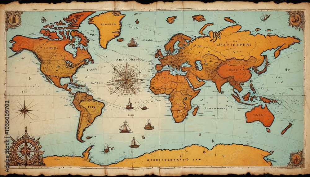 Naklejka premium A dusty treasure map with vivid illustrations and worn edges, hinting at long-lost fortunes buried deep in the earth, spread across a rough canvas, Generative AI