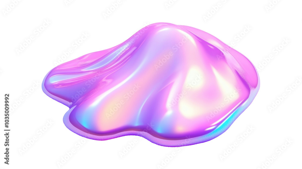 A glossy, iridescent blob resembling a liquid substance with a smooth texture. A glossy, iridescent blob resembling a liquid substance with a smooth texture.