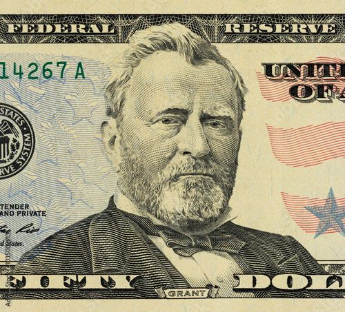 Close-Up of U.S. $50 Dollar Bill Front with Ulysses S. Grant Portrait photo