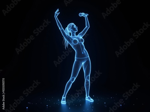 blue hologram view of the singer posing on a dark background