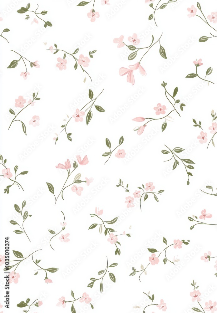 Charming floral pattern featuring delicate pink flowers and green leaves on a soft white background, perfect for various designs. Charming floral pattern featuring delicate pink flowers and green leaves on a soft white background, perfect for various designs.