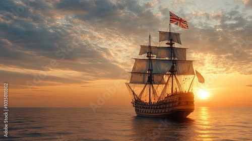 16th century British ship sails at sea