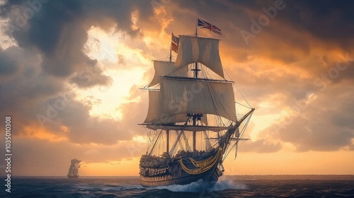 Wallpaper Mural 16th century British ship sails at sea Torontodigital.ca