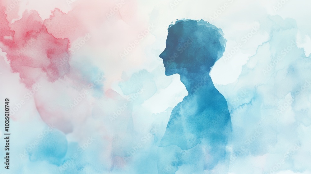 Silhouette of a Person in Watercolor Clouds with Soft Pastel Hues of Blue Silhouette of a Person in Watercolor Clouds with Soft Pastel Hues of Blue