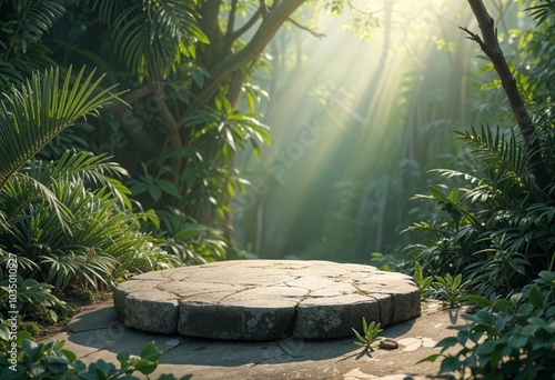 Fototapeta Naklejka Na Ścianę i Meble -  Empty tabletop podium in tropical forest product placement pedestal stand display, jungle paradise