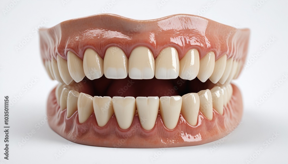 A realistic dental model of impacted canine teeth, embedded deep within the gums, displayed on a pristine white background, Generative AI A realistic dental model of impacted canine teeth, embedded deep within the gums, displayed on a pristine white background, Generative AI