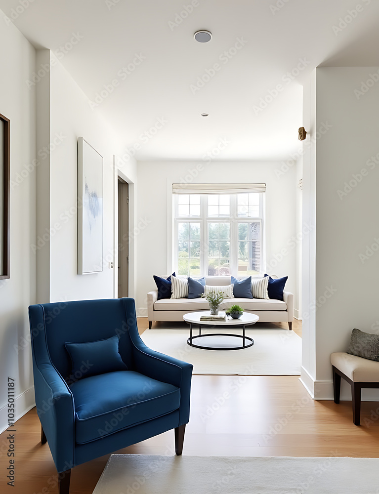 Fototapeta premium The blue accent armchair sits comfortably next to a beige bench in the expansive and airy space of this contemporary home.