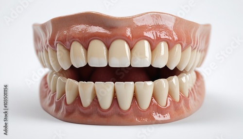 A realistic dental model of impacted canine teeth, embedded deep within the gums, displayed on a pristine white background, Generative AI