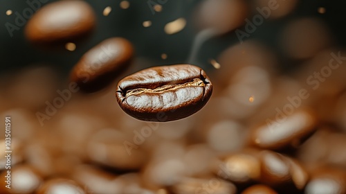 This image showcases a detailed close-up of a single coffee bean suspended in mid-air, surrounded by a dark, blurred background, emphasizing its texture and form.