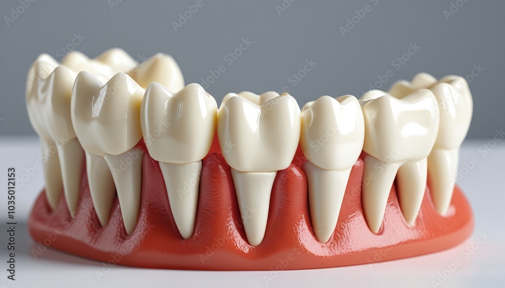 A model of a dental crown restoration process, showing the preparation of a tooth and the placement of a temporary crown, resting on a smooth white surface, Generative AI A model of a dental crown restoration process, showing the preparation of a tooth and the placement of a temporary crown, resting on a smooth white surface, Generative AI