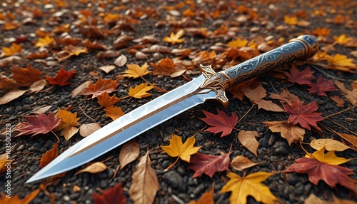 A phantom dagger that phases in and out of reality, its blade shimmering like a mirage, laid on a bed of autumn leaves, Generative AI photo