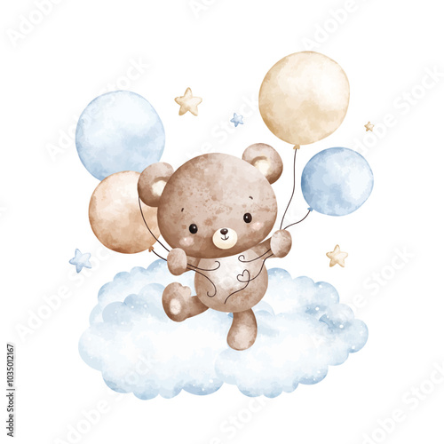 Watercolor Illustration Baby Teddy Bears and Blue Balloons on Cloud