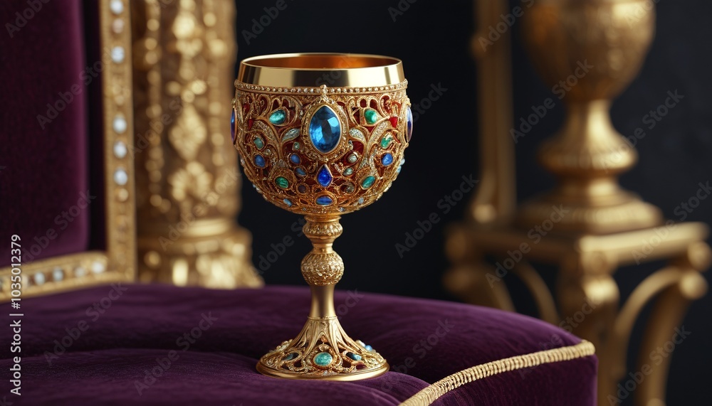 A jeweled goblet that grants wishes with every sip, intricately crafted from gold and adorned with precious gems, resting on a velvet cushion, Generative AI A jeweled goblet that grants wishes with every sip, intricately crafted from gold and adorned with precious gems, resting on a velvet cushion, Generative AI