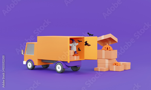 Delivery parcels truck fast speed holiday party happy halloween banner concept. parcel pumpkin home and office shipping. transportation logistic service express trunking concept. 3d rendering photo