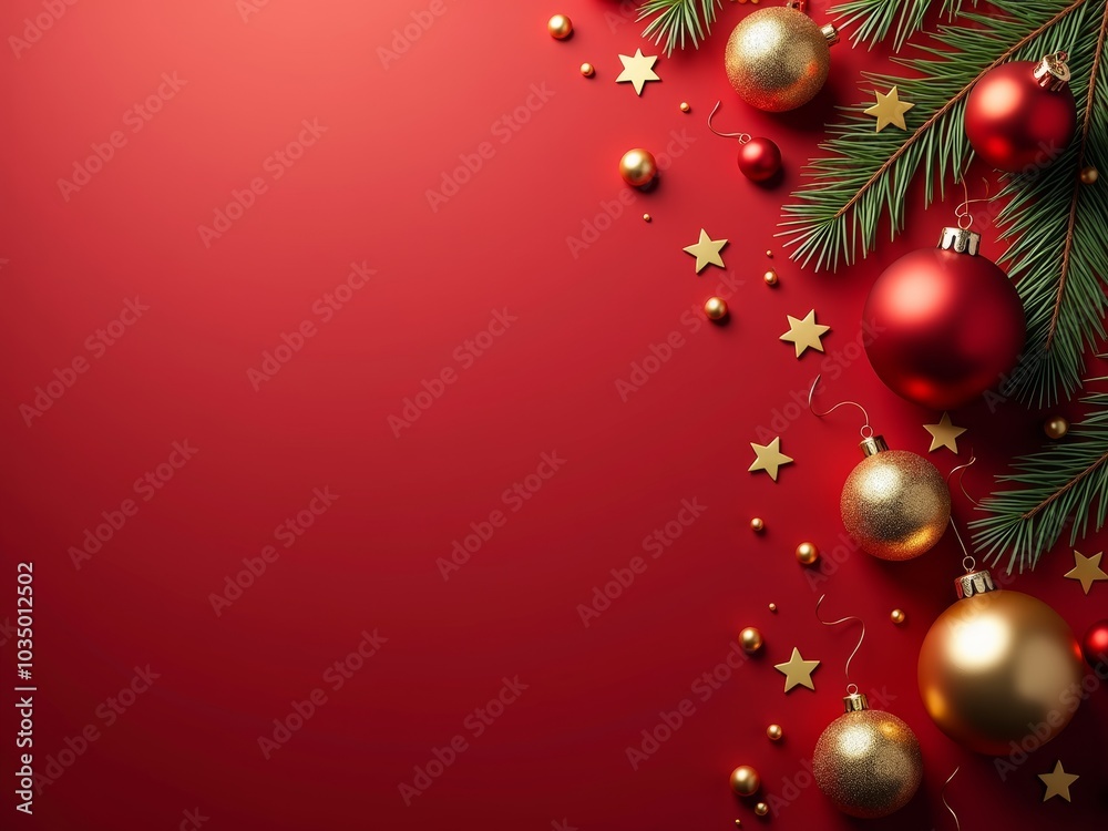 A festive arrangement of ornaments and pine branches on a vibrant red background, creating a warm holiday atmosphere