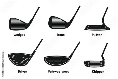 golf stick set design, various types and names. drivers, fairways, chippers, widgets, putters, irons. editable vector eps 10.