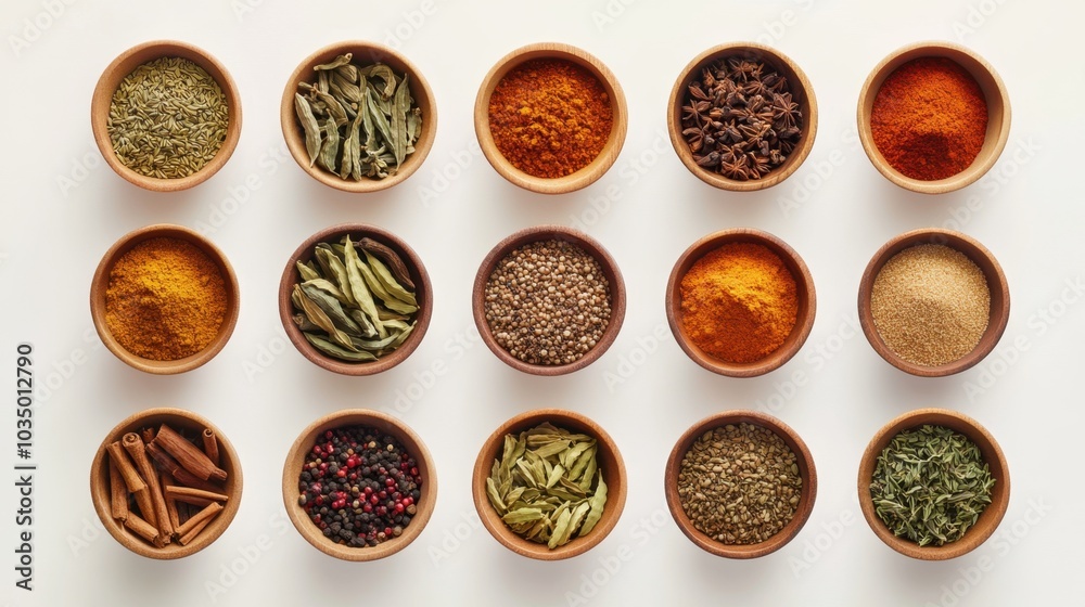 Culinary Diversity: Vibrant Array of Various Spices in Bowls on White Background Culinary Diversity: Vibrant Array of Various Spices in Bowls on White Background