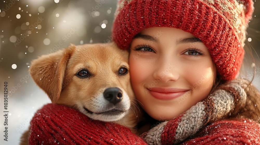 A heartwarming image of a girl dressed in red winter attire, lovingly embracing a dog amidst falling snowflakes, capturing a moment of pure joy and warmth. A heartwarming image of a girl dressed in red winter attire, lovingly embracing a dog amidst falling snowflakes, capturing a moment of pure joy and warmth.