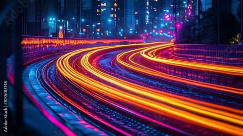 Abstract light trails of cars driving on a highway at night in a urban setting.