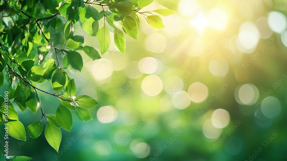 Bright Green Leaves with Sunlight Bokeh Effect