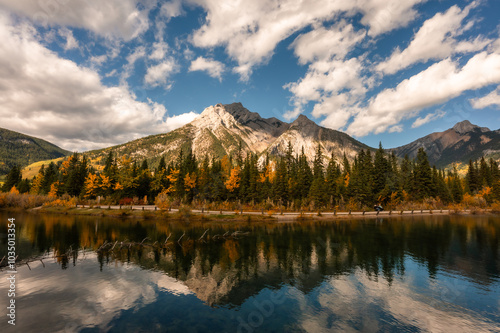 View of mountain beside a pond in Alberta, Canada on a fall day. photo