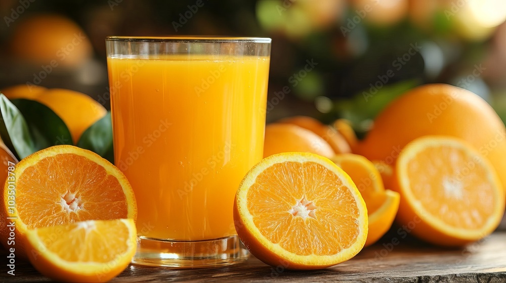 A refreshing glass of orange juice surrounded by whole and sliced oranges, capturing the vibrant color and fresh appeal of citrus fruits in a natural setting. A refreshing glass of orange juice surrounded by whole and sliced oranges, capturing the vibrant color and fresh appeal of citrus fruits in a natural setting.