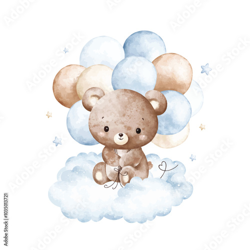 Watercolor Illustration Baby Teddy Bears and Blue Balloons Sits on Cloud