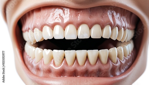 A detailed illustration of the surgical placement of a dental implant in a cross-section view of the jawbone, highlighting the process, against a clean white background, Generative AI