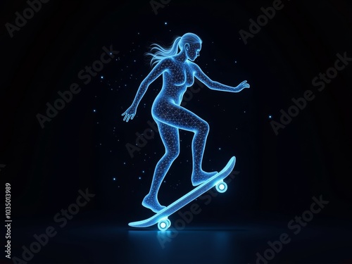 Blue holographic image of a skateboarder jumping in the air.