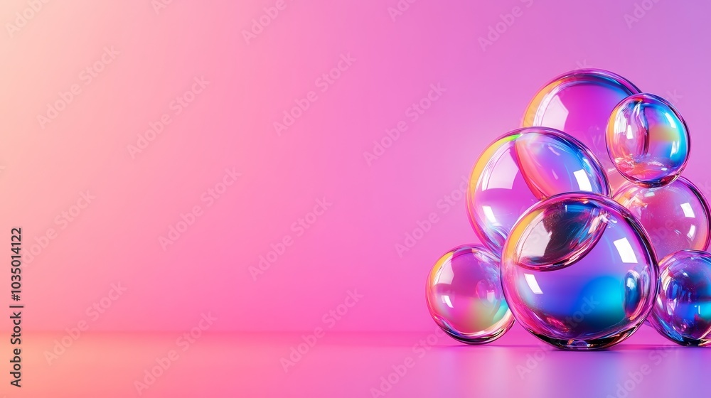 Transparent glass orbs with inner metallic textures, glowing in rainbow colors, abstract, 3D rendering, holographic reflections, set against a minimalistic gradient background Transparent glass orbs with inner metallic textures, glowing in rainbow colors, abstract, 3D rendering, holographic reflections, set against a minimalistic gradient background
