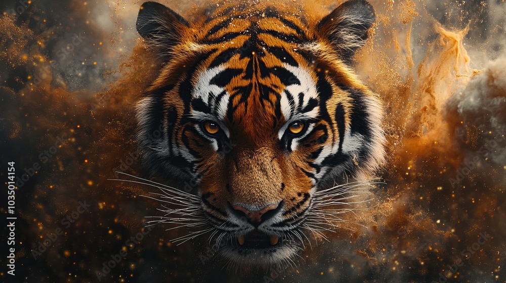 Fototapeta premium A strikingly detailed image of a tiger's face, with intense eyes gazing forward, is artistically enveloped in swirling smoky textures, emphasizing its majestic presence.