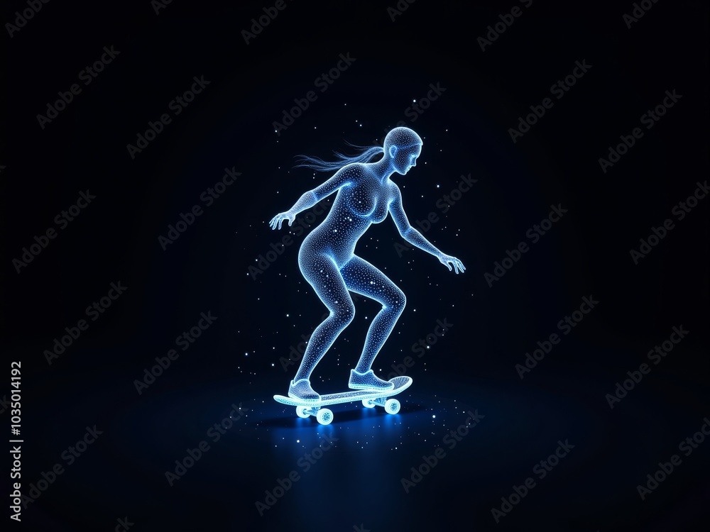 Blue holographic image of a skateboarder jumping in the air.