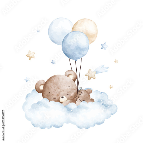 Watercolor Illustration Baby Teddy Bears and Blue Balloons Sleeps on Cloud