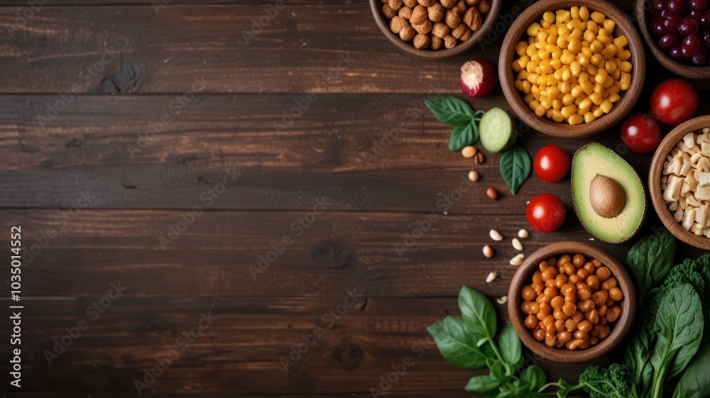 A flat lay of various ingredients for a healthy salad, arranged on a wooden table, with copy space. A flat lay of various ingredients for a healthy salad, arranged on a wooden table, with copy space.