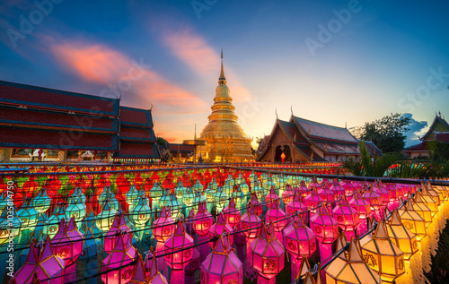 Beautiful Lanna lamp lantern are northern thai style lanterns in Loi Krathong or Yi Peng Festival at Wat Phra That Hariphunchai is a Buddhist worship temple It a tourist attraction Lamphun Thailand.